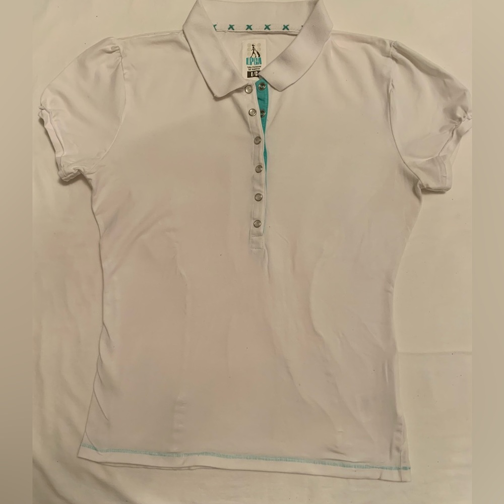 LPGA - ladies white golf tee with cap sleeves, 6 snap button collar